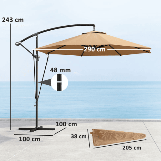 Outsunny Guarda-sol Excêntrico Ø 290 cm com Base Cruzada, Toldo Giratório 360°, Manivela, Capa Protetora e Corda de Vento Anti-UV 50+ para Terraço e Pátio, Caqui