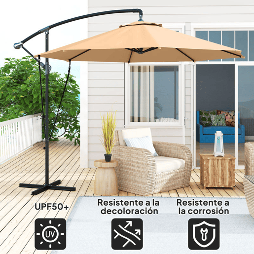 Outsunny Guarda-sol Excêntrico Ø 290 cm com Base Cruzada, Toldo Giratório 360°, Manivela, Capa Protetora e Corda de Vento Anti-UV 50+ para Terraço e Pátio, Caqui