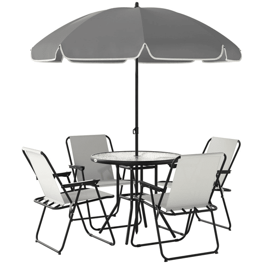 Outsunny Conjunto de Mesa e Cadeiras de Jardim de 6 Peças Móveis de Jardim Exterior com 4 Cadeiras Dobráveis Mesa de Vidro e Chapéu de Sol para Terraço Pátio Creme