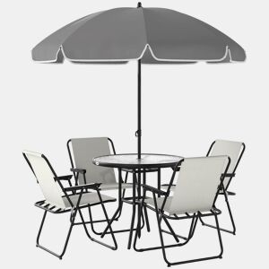 Outsunny Conjunto de Mesa e Cadeiras de Jardim de 6 Peças Móveis de Jardim Exterior com 4 Cadeiras Dobráveis Mesa de Vidro e Chapéu de Sol para Terraço Pátio Creme