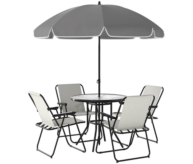 Outsunny conjunto de mesa y sillas jardín de 6 piezas muebles de jardín exterior con 4 sillas plegables mesa de vidrio y sombrilla para terraza patio crema