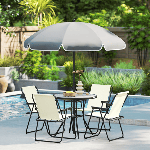 Outsunny Conjunto de Mesa e Cadeiras de Jardim de 6 Peças Móveis de Jardim Exterior com 4 Cadeiras Dobráveis Mesa de Vidro e Chapéu de Sol para Terraço Pátio Creme