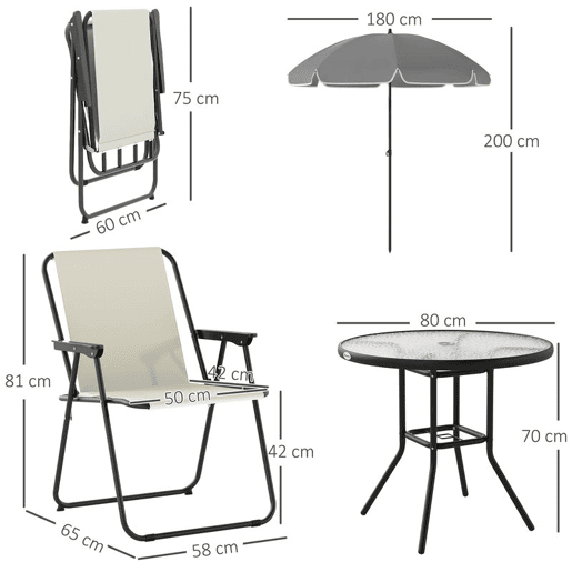 Outsunny Conjunto de Mesa e Cadeiras de Jardim de 6 Peças Móveis de Jardim Exterior com 4 Cadeiras Dobráveis Mesa de Vidro e Chapéu de Sol para Terraço Pátio Creme