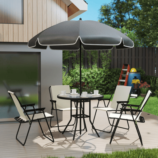 Outsunny Conjunto de Mesa e Cadeiras de Jardim de 6 Peças Móveis de Jardim Exterior com 4 Cadeiras Dobráveis Mesa de Vidro e Chapéu de Sol para Terraço Pátio Creme