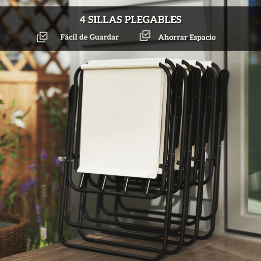 Outsunny Conjunto de Mesa e Cadeiras de Jardim de 6 Peças Móveis de Jardim Exterior com 4 Cadeiras Dobráveis Mesa de Vidro e Chapéu de Sol para Terraço Pátio Creme