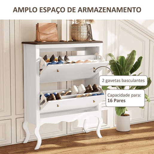 HOMCOM Móvel Sapateira Estilo Francês Sapateira de Entrada com 2 Gavetas Prateleiras Ajustáveis para 16 Pares de Sapato Sapateira Estreita para Corredor 84x29x109 cm Branco HOMCOM Móvel Sapateira Estilo Francês Sapateira de Entrada com 2 Gavetas Prateleiras Ajustáveis para 16 Pares de Sapato Sapateira Estreita para Corredor 84x29x109 cm Branco