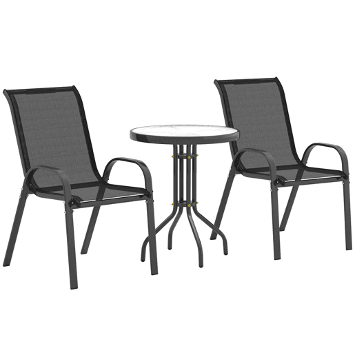 Outsunny Conjunto de Mesa e Cadeiras de Jardim de 3 Peças Móveis de Jardim com Cadeiras Empilháveis Bancada de Vidro e Estrutura de Aço para Pátio Preto