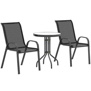 Outsunny Conjunto de Mesa e Cadeiras de Jardim de 3 Peças Móveis de Jardim com Cadeiras Empilháveis Bancada de Vidro e Estrutura de Aço para Pátio Preto