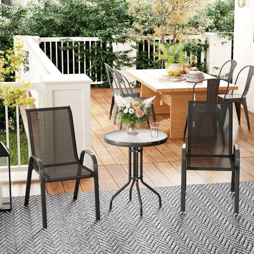 Outsunny Conjunto de Mesa e Cadeiras de Jardim de 3 Peças Móveis de Jardim com Cadeiras Empilháveis Bancada de Vidro e Estrutura de Aço para Pátio Preto