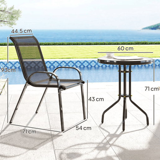 Outsunny Conjunto de Mesa e Cadeiras de Jardim de 3 Peças Móveis de Jardim com Cadeiras Empilháveis Bancada de Vidro e Estrutura de Aço para Pátio Preto