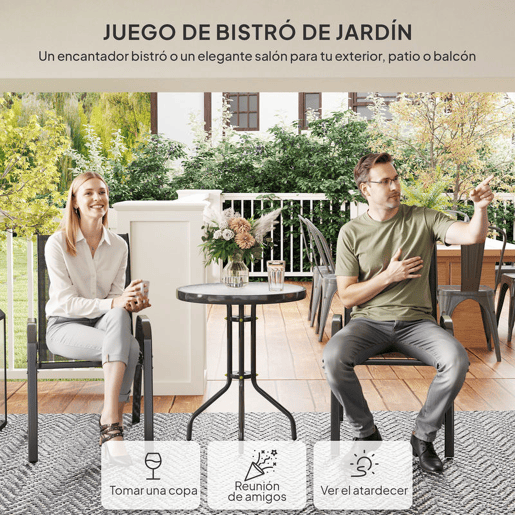 Outsunny Conjunto de Mesa e Cadeiras de Jardim de 3 Peças Móveis de Jardim com Cadeiras Empilháveis Bancada de Vidro e Estrutura de Aço para Pátio Preto
