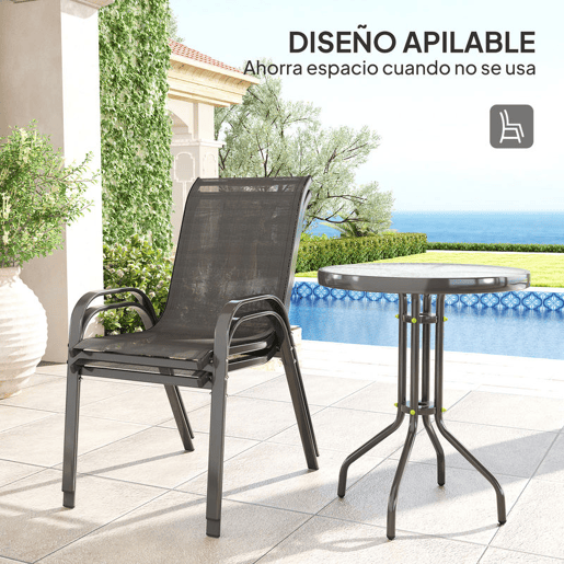 Outsunny Conjunto de Mesa e Cadeiras de Jardim de 3 Peças Móveis de Jardim com Cadeiras Empilháveis Bancada de Vidro e Estrutura de Aço para Pátio Preto