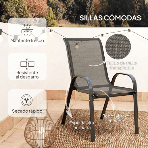Outsunny Conjunto de Mesa e Cadeiras de Jardim de 3 Peças Móveis de Jardim com Cadeiras Empilháveis Bancada de Vidro e Estrutura de Aço para Pátio Preto
