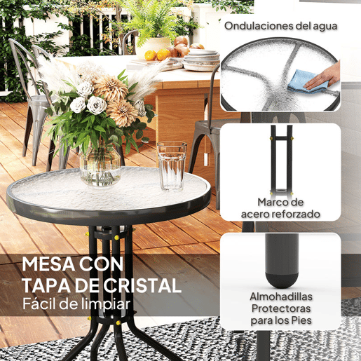 Outsunny Conjunto de Mesa e Cadeiras de Jardim de 3 Peças Móveis de Jardim com Cadeiras Empilháveis Bancada de Vidro e Estrutura de Aço para Pátio Preto