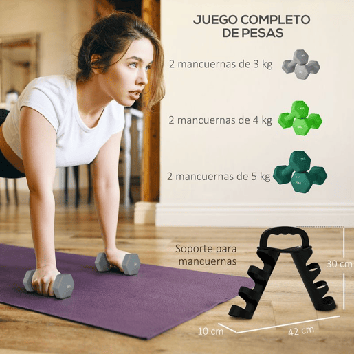 SPORTNOW Conjunto de Halteres 2 x 3kg 2 x 4kg e 2 x 5kg Halteres Hexagonais com Suporte de Armazenamento para Treino em Casa Ginásio Multicor