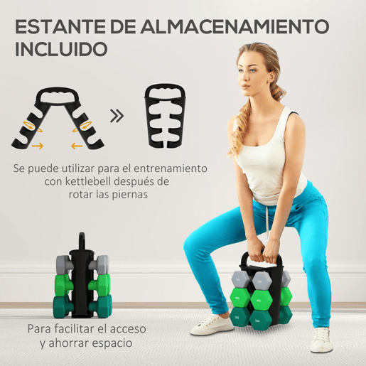 SPORTNOW Conjunto de Halteres 2 x 3kg 2 x 4kg e 2 x 5kg Halteres Hexagonais com Suporte de Armazenamento para Treino em Casa Ginásio Multicor
