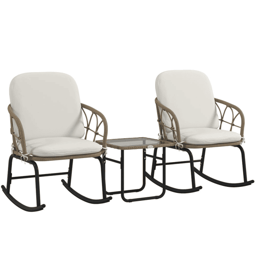 Outsunny Conjunto de Móveis de Vime de 3 Peças Conjunto de Cadeiras de Baloiço de Jardim com 1 Mesa de Centro 2 Cadeiras de Baloiço e Almofadas para Jardim Varanda e Pátio Creme e Bege