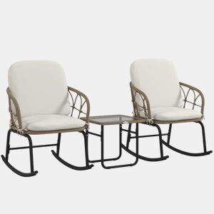 Outsunny Conjunto de Móveis de Vime de 3 Peças Conjunto de Cadeiras de Baloiço de Jardim com 1 Mesa de Centro 2 Cadeiras de Baloiço e Almofadas para Jardim Varanda e Pátio Creme e Bege