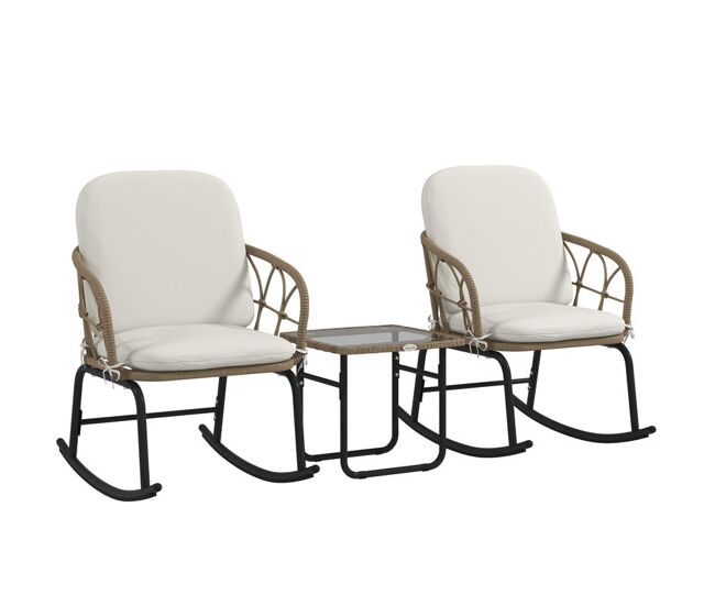 Outsunny conjunto de muebles de ratán de 3 piezas conjunto de mecedoras de jardín con 1 mesa de centro 2 mecedoras y cojines para jardín terraza patio crema y beige