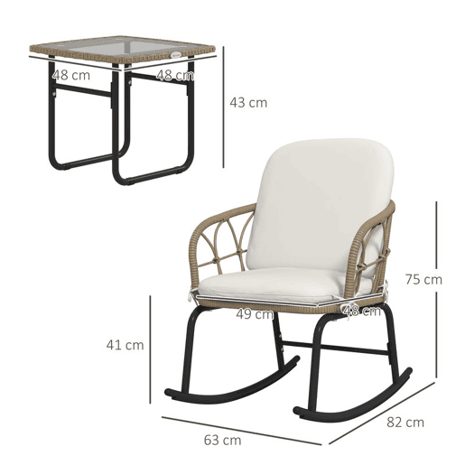 Outsunny Conjunto de Móveis de Vime de 3 Peças Conjunto de Cadeiras de Baloiço de Jardim com 1 Mesa de Centro 2 Cadeiras de Baloiço e Almofadas para Jardim Varanda e Pátio Creme e Bege