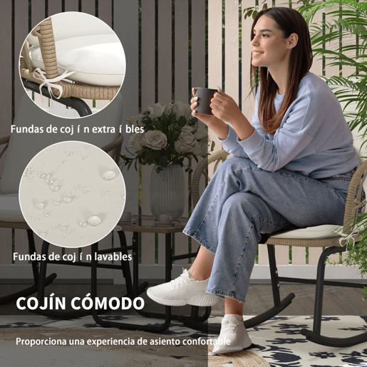 Outsunny Conjunto de Móveis de Vime de 3 Peças Conjunto de Cadeiras de Baloiço de Jardim com 1 Mesa de Centro 2 Cadeiras de Baloiço e Almofadas para Jardim Varanda e Pátio Creme e Bege