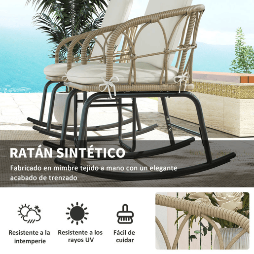 Outsunny Conjunto de Móveis de Vime de 3 Peças Conjunto de Cadeiras de Baloiço de Jardim com 1 Mesa de Centro 2 Cadeiras de Baloiço e Almofadas para Jardim Varanda e Pátio Creme e Bege