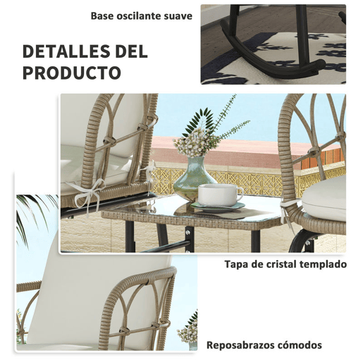Outsunny Conjunto de Móveis de Vime de 3 Peças Conjunto de Cadeiras de Baloiço de Jardim com 1 Mesa de Centro 2 Cadeiras de Baloiço e Almofadas para Jardim Varanda e Pátio Creme e Bege
