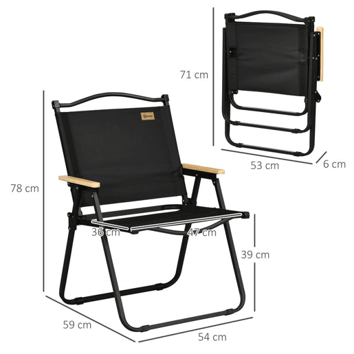 Outsunny Conjunto de 2 Cadeiras Dobráveis de Campismo, Cadeiras Portáteis com Apoios de Braço e Estrutura de Aço, Tecido Oxford 600D, Cadeiras para Pesca, Jardim, Varanda, Preto