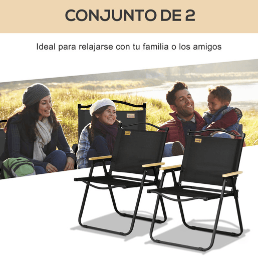 Outsunny Conjunto de 2 Cadeiras Dobráveis de Campismo, Cadeiras Portáteis com Apoios de Braço e Estrutura de Aço, Tecido Oxford 600D, Cadeiras para Pesca, Jardim, Varanda, Preto
