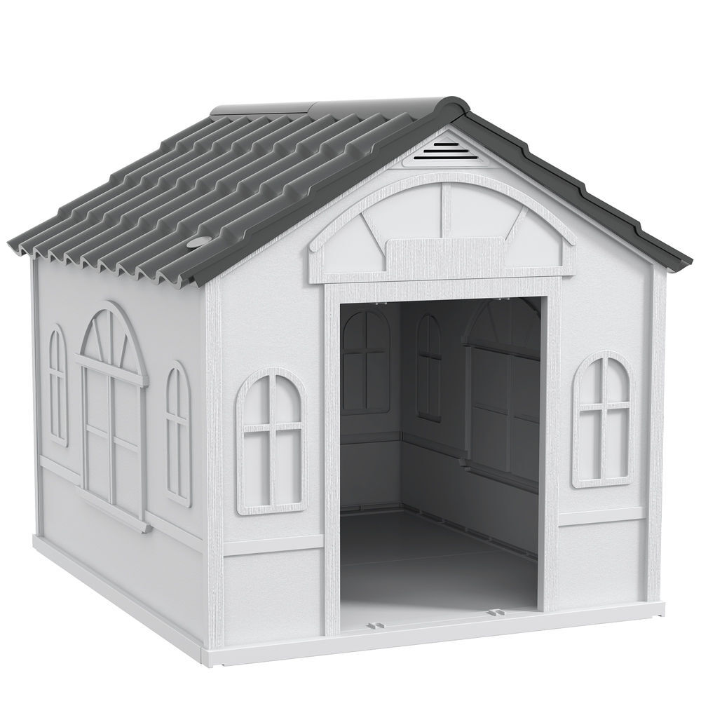 Pawhut caseta para perros medianos 84,2x98,2x82 cm, casa para perros con patrón de ventana, techo de tejas de imitación, para interior y exterior, gris y blanco