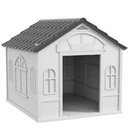 PawHut Casa para Cães 84,2x98,2x82 cm Casa para Cães com Janelas e Teto com Imitação de Telhas Casota para Cães Cinza