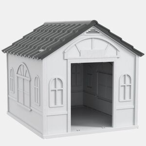PawHut Casa para Cães 84,2x98,2x82 cm Casa para Cães com Janelas e Teto com Imitação de Telhas Casota para Cães Cinza