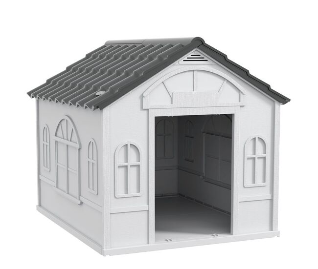 Pawhut caseta para perros medianos 84,2x98,2x82 cm, casa para perros con patrón de ventana, techo de tejas de imitación, para interior y exterior,