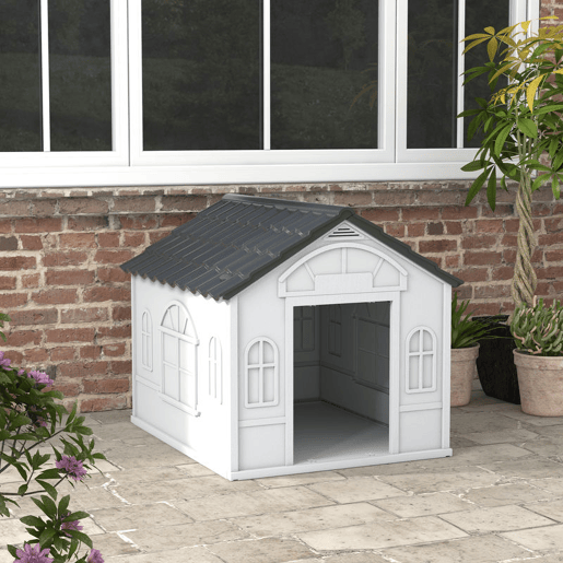 PawHut Casa para Cães 84,2x98,2x82 cm Casa para Cães com Janelas e Teto com Imitação de Telhas Casota para Cães Cinza