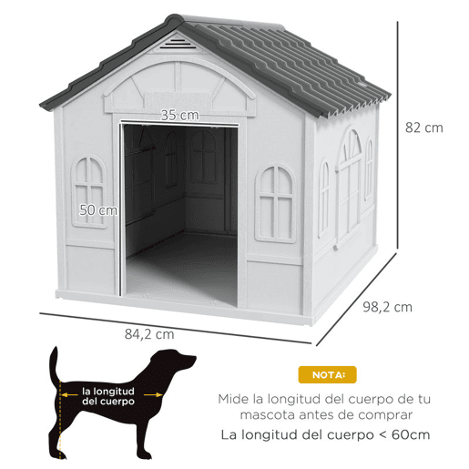 PawHut Casa para Cães 84,2x98,2x82 cm Casa para Cães com Janelas e Teto com Imitação de Telhas Casota para Cães Cinza