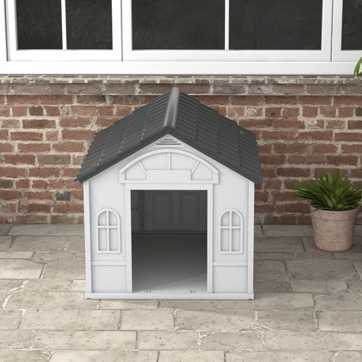 PawHut Casa para Cães 84,2x98,2x82 cm Casa para Cães com Janelas e Teto com Imitação de Telhas Casota para Cães Cinza
