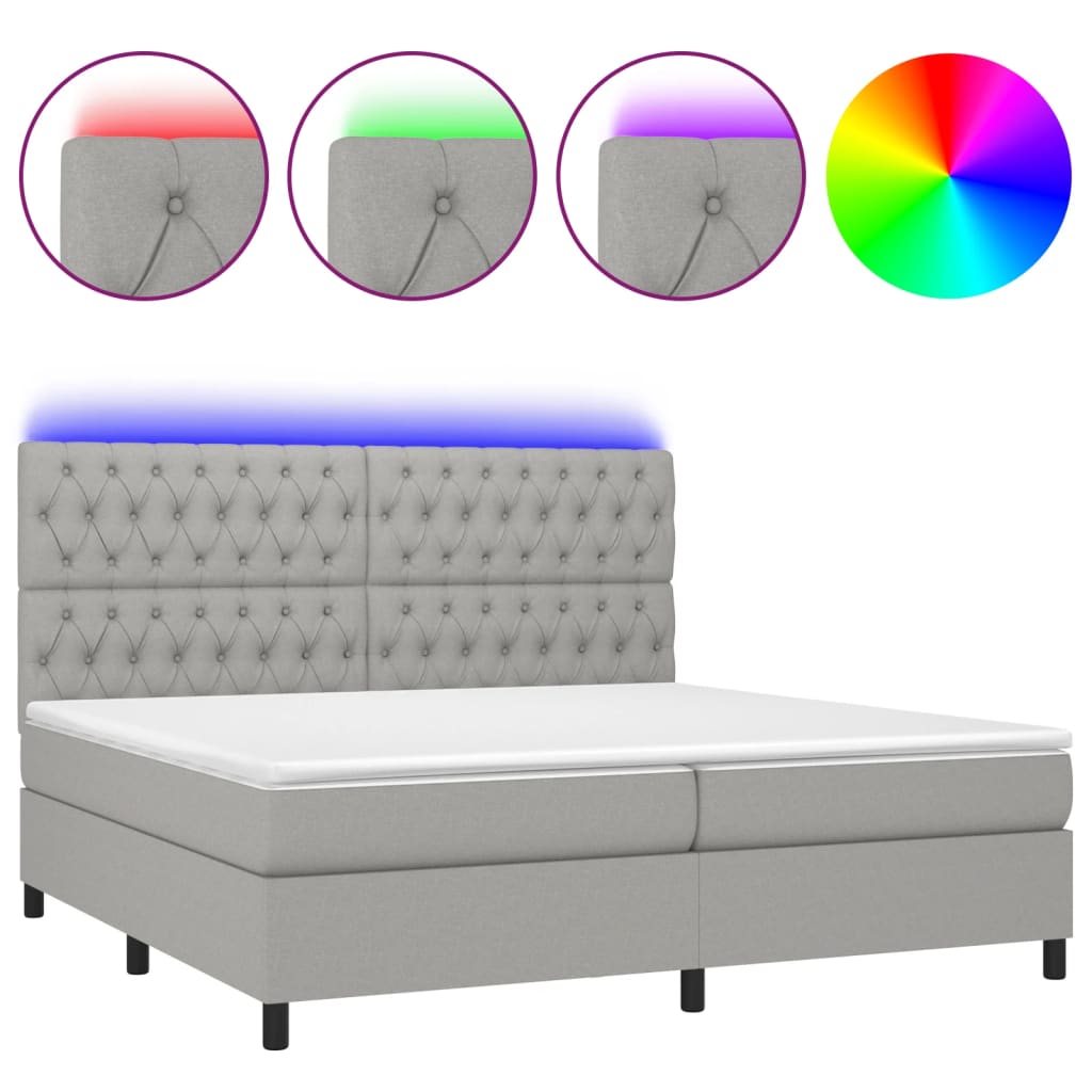 Cama box spring con colchón tela y led gris claro 200x200 cm diseño de botones
