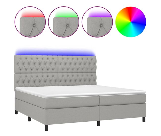 Cama box spring con colchón tela y led gris claro 200x200 cm diseño de botones