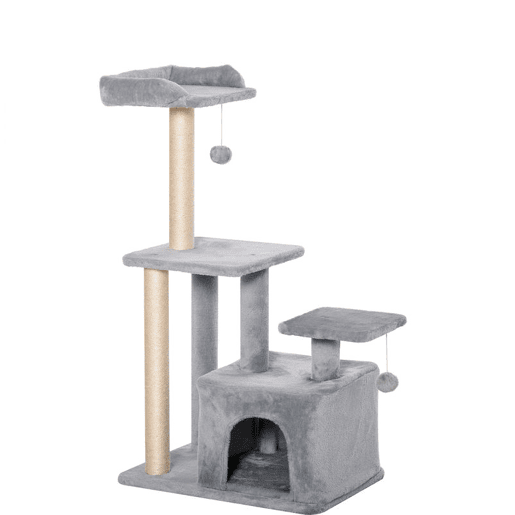 PawHut Arranhador para Gatos Altura 114 cm Arranhador para Gatos com Postes de Sisal 3 Plataformas Caverna e 2 Bolas Suspensas Cinza Claro