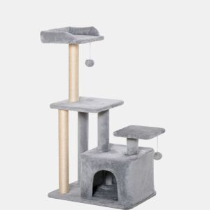 PawHut Arranhador para Gatos Altura 114 cm Arranhador para Gatos com Postes de Sisal 3 Plataformas Caverna e 2 Bolas Suspensas Cinza Claro