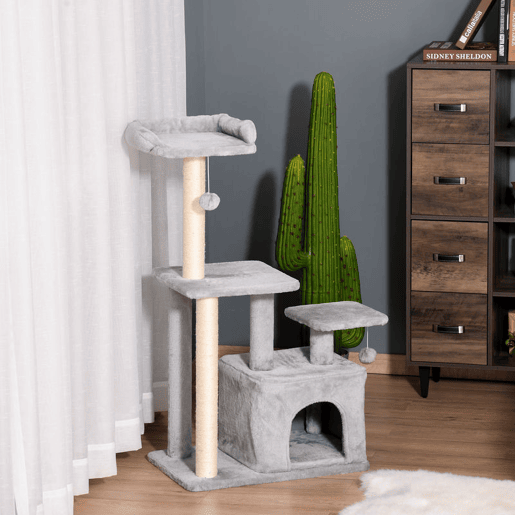 PawHut Arranhador para Gatos Altura 114 cm Arranhador para Gatos com Postes de Sisal 3 Plataformas Caverna e 2 Bolas Suspensas Cinza Claro
