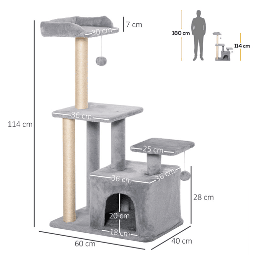 PawHut Arranhador para Gatos Altura 114 cm Arranhador para Gatos com Postes de Sisal 3 Plataformas Caverna e 2 Bolas Suspensas Cinza Claro