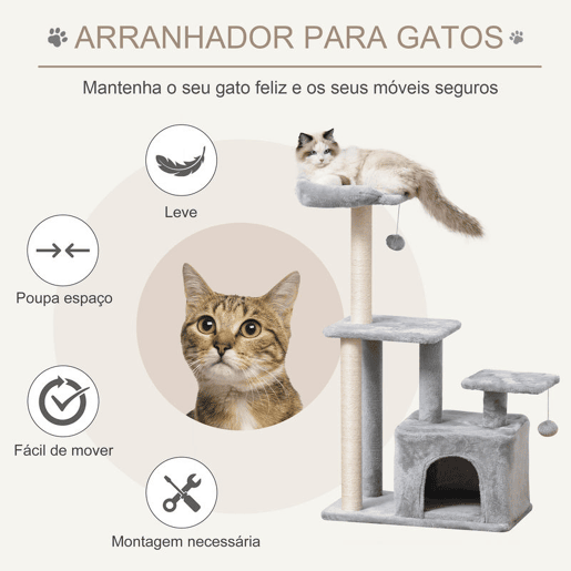 PawHut Arranhador para Gatos Altura 114 cm Arranhador para Gatos com Postes de Sisal 3 Plataformas Caverna e 2 Bolas Suspensas Cinza Claro