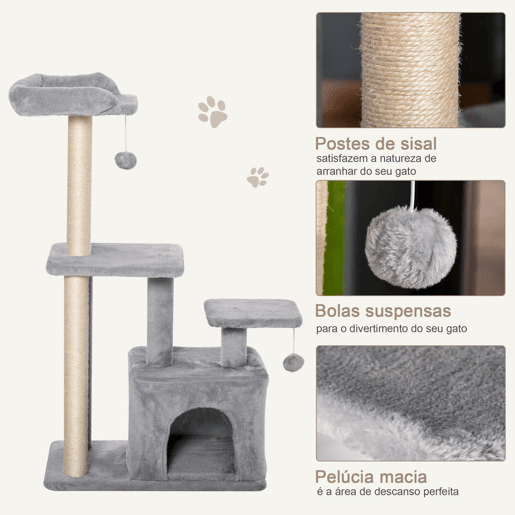 PawHut Arranhador para Gatos Altura 114 cm Arranhador para Gatos com Postes de Sisal 3 Plataformas Caverna e 2 Bolas Suspensas Cinza Claro