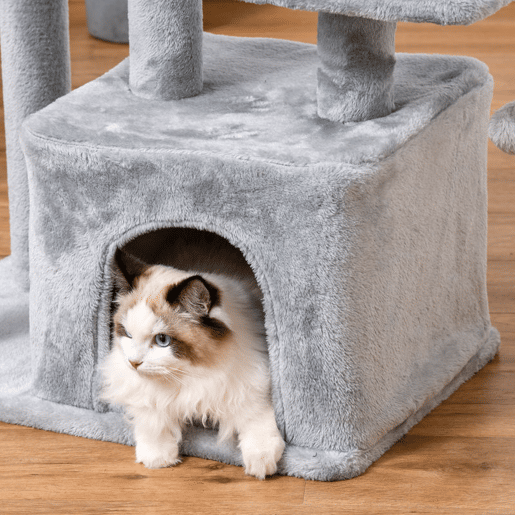 PawHut Arranhador para Gatos Altura 114 cm Arranhador para Gatos com Postes de Sisal 3 Plataformas Caverna e 2 Bolas Suspensas Cinza Claro