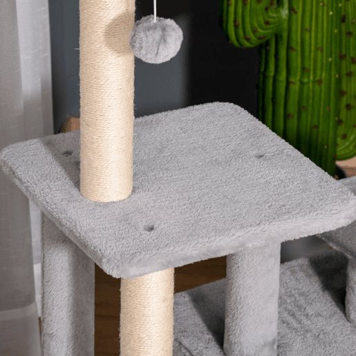 PawHut Arranhador para Gatos Altura 114 cm Arranhador para Gatos com Postes de Sisal 3 Plataformas Caverna e 2 Bolas Suspensas Cinza Claro