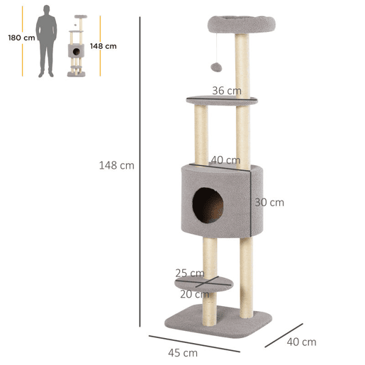 PawHut Arranhador para Gatos Altura 148 cm Arranhador para Gatos com Postes de Sisal 3 Plataformas Casa e Bola Suspensa Cinza