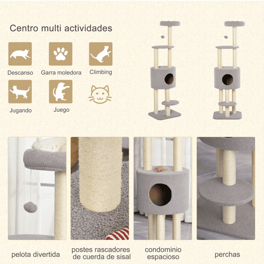 PawHut Arranhador para Gatos Altura 148 cm Arranhador para Gatos com Postes de Sisal 3 Plataformas Casa e Bola Suspensa Cinza