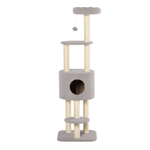 PawHut Arranhador para Gatos Altura 148 cm Arranhador para Gatos com Postes de Sisal 3 Plataformas Casa e Bola Suspensa Cinza