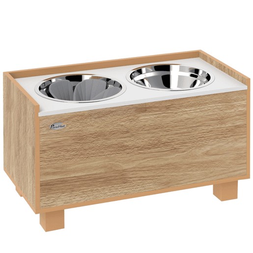 PawHut Comedouro para Cães Elevado com Sistema de Alimentação Lento Amovível e Espaço de Arrumação Comedouro com 2 Tigelas de 2L de Aço Inoxidável para Cães Grandes 60x30x35,5 cm Madeira
